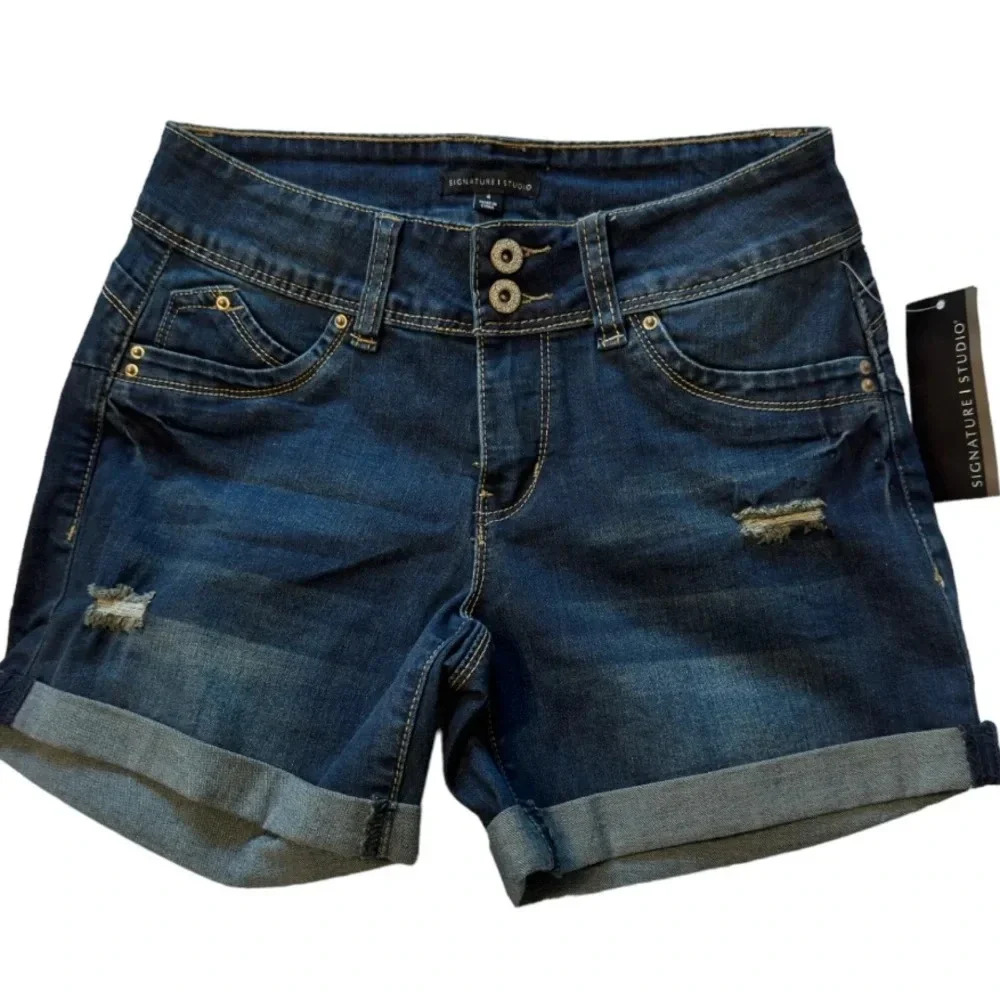 Signature Studio Tee Time Denim Shorts Golf Stretch Dark Cutoff Jeans New w Tags